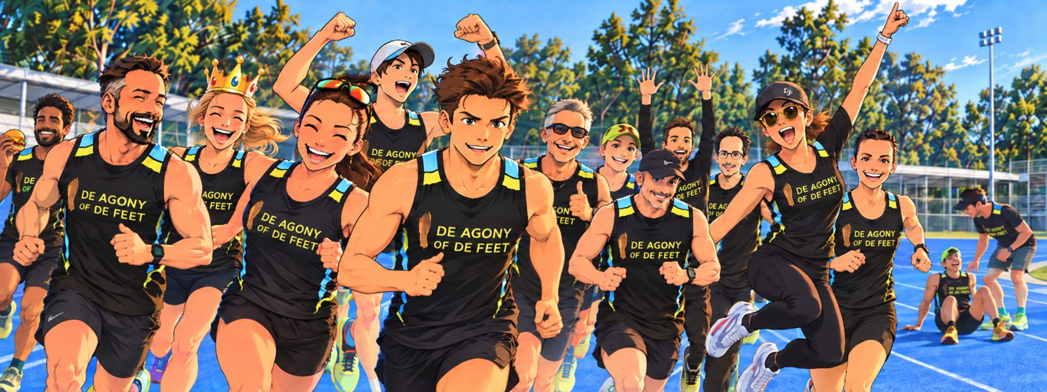 The De Agony of De Feet squad running a track session together